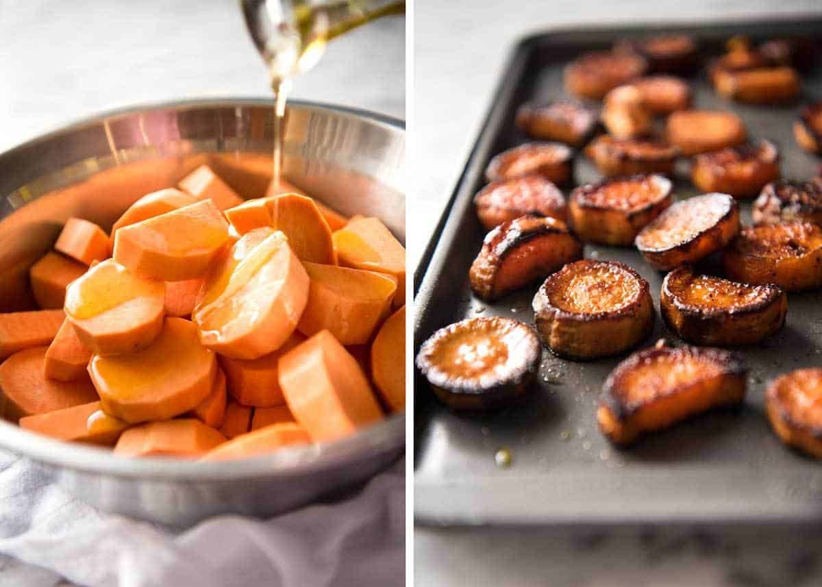 Roasted Sweet Potato Salad - with arugula/rocket, pecans, goats cheese or feta, a sprinkle of bacon and a beautiful Honey Lemon dressing. www.recipetineats.com