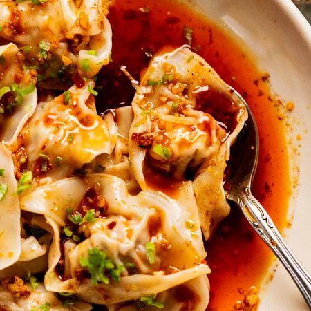 Close up of Spicy Wontons in Chilli Sauce - Din Tai Fung