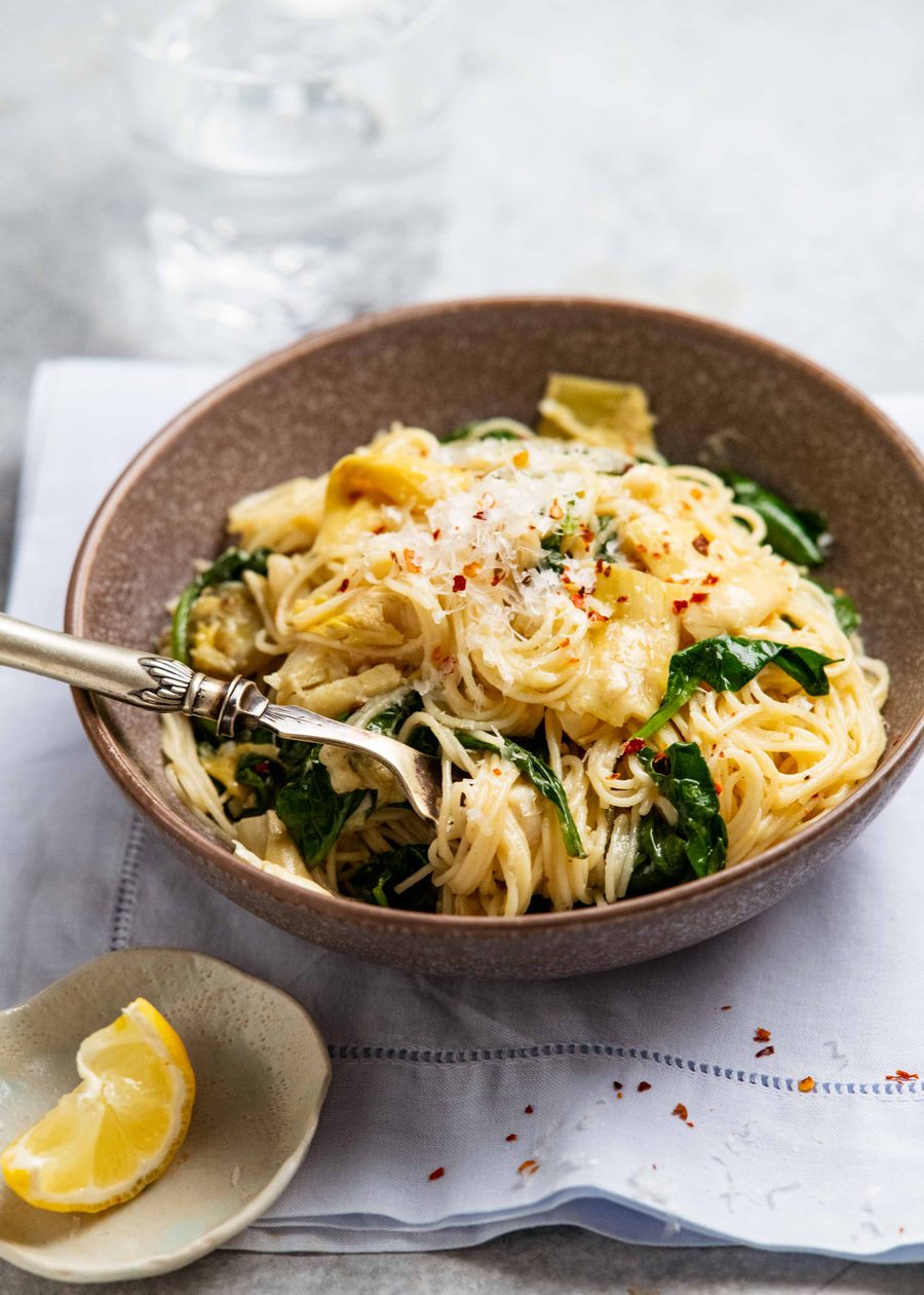 Spinach artichoke angel hair pasta