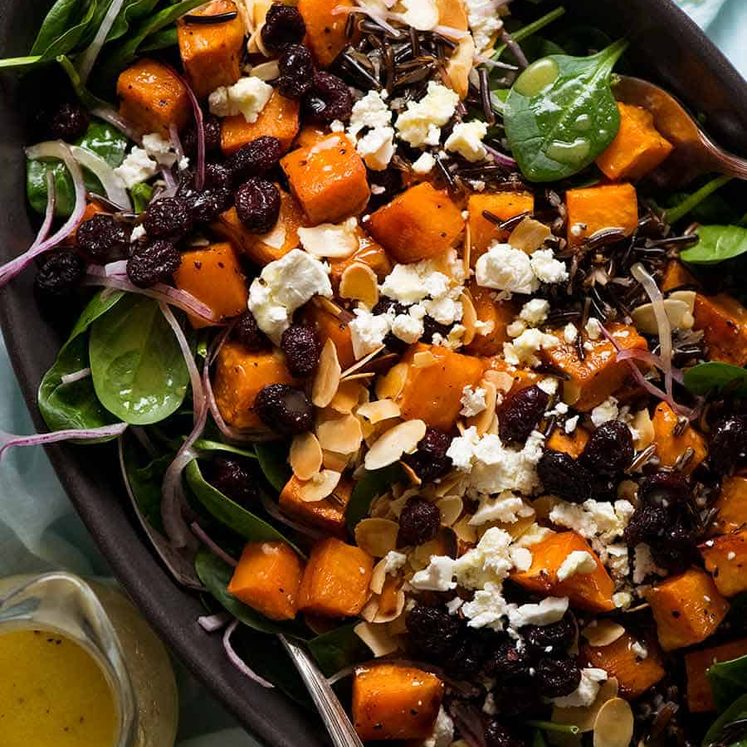 Overhead photo of Sweet Potato Salad with Honey Lemon Dressing, ready to be served