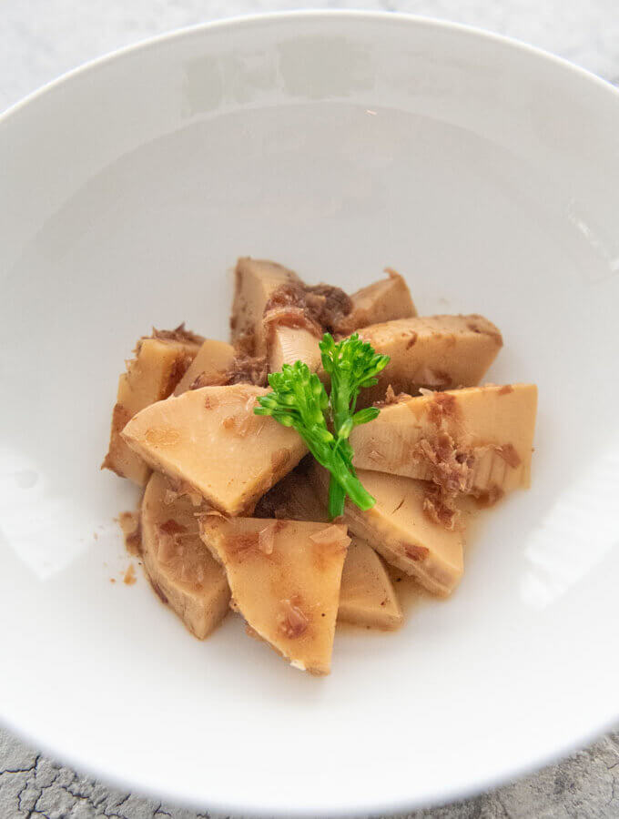 Hero shot of Simmered Bamboo Shoots with Bonito Flakes (Takenoko no Tosani).