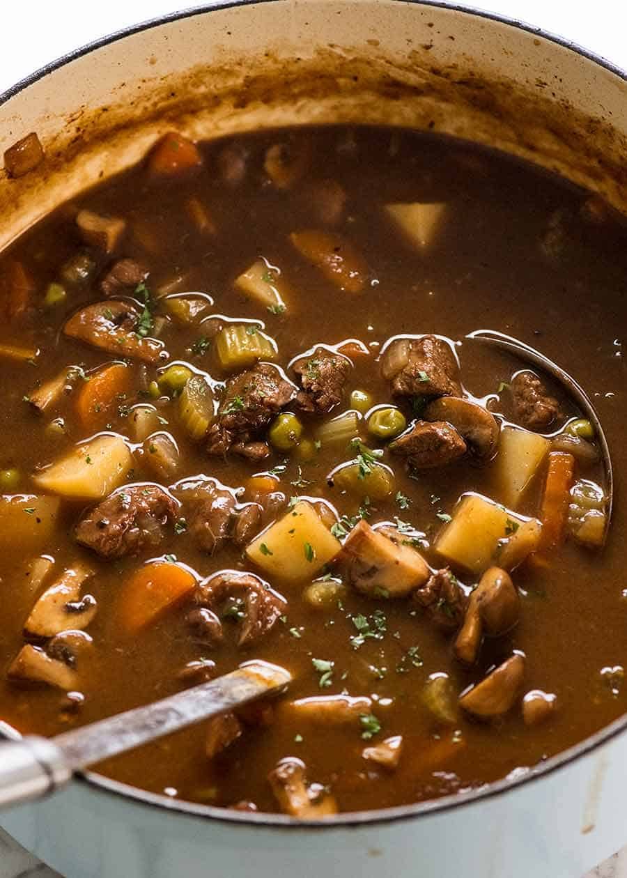 Beef Soup in a pot, fresh off the stove ready to be served