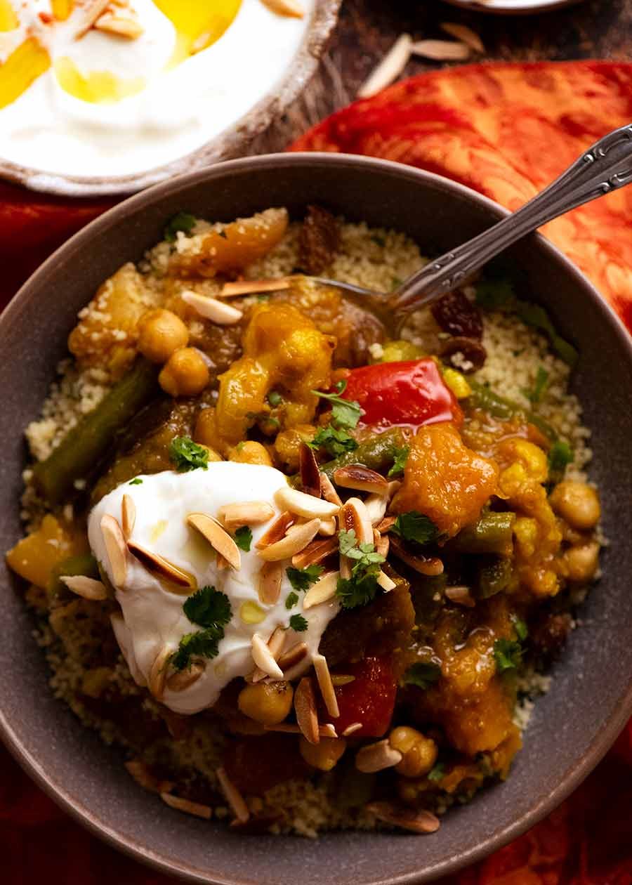 Overhead photo of Vegetable Tagine served over couscous