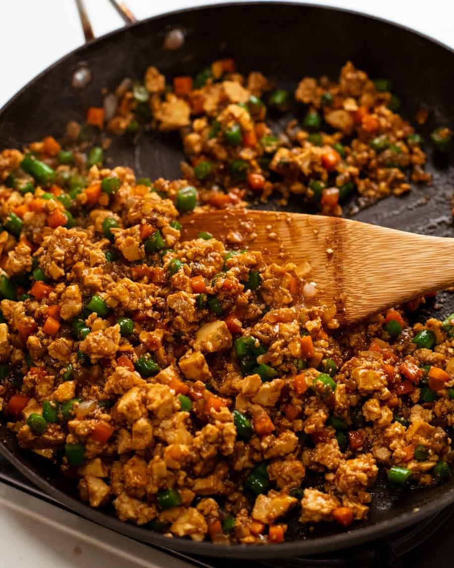 Tofu and vegetable filling for Vegetarian lettuce wraps - san choy bow