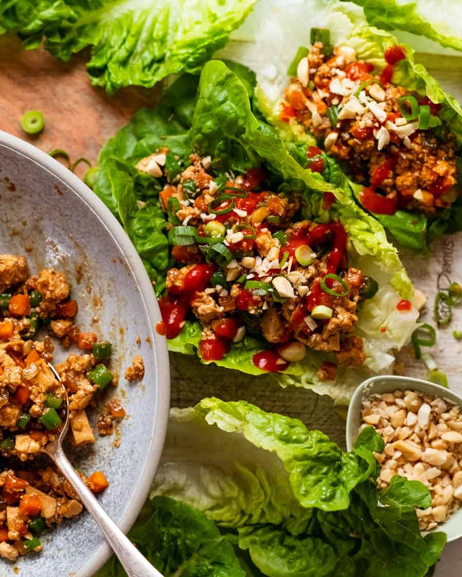 Close up of Vegetarian lettuce wraps - san choy bow