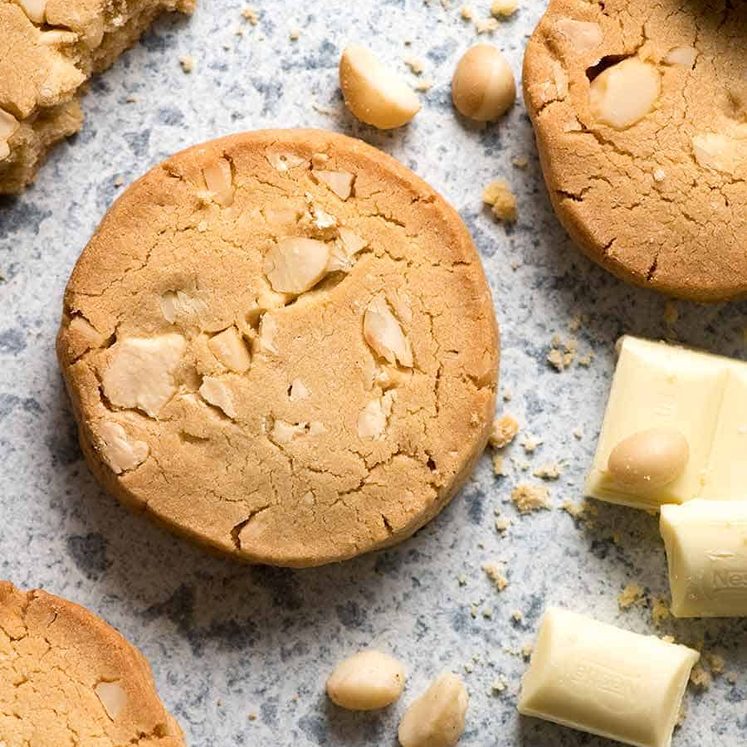 Close up overhead photo of White Chocolate Macadamia Nut Cookie