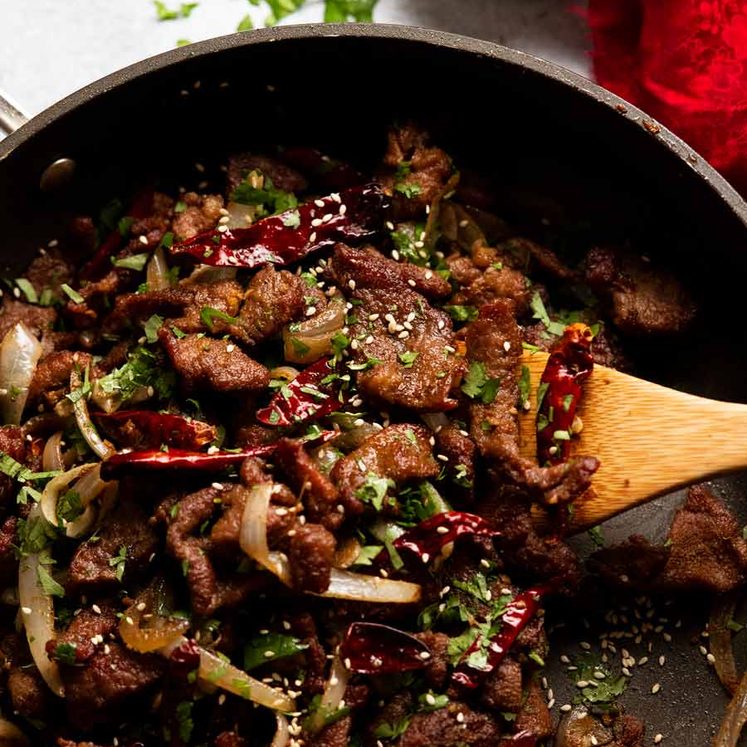 Close up of Xinjiang Cumin Lamb Stir Fry